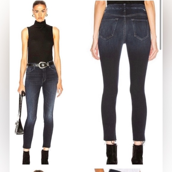 MOTHER High Waisted Looker Ankle Fray in Last Call Wash Dark Blue Skinny. Size32 - Picture 3 of 16
